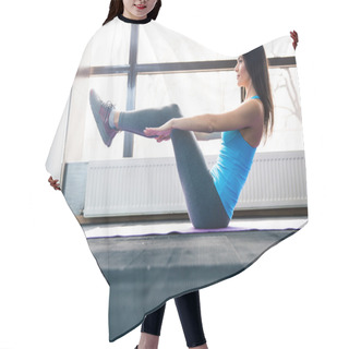 Personality  Happy Young Woman Doing Exercise On Yoga Mat Hair Cutting Cape