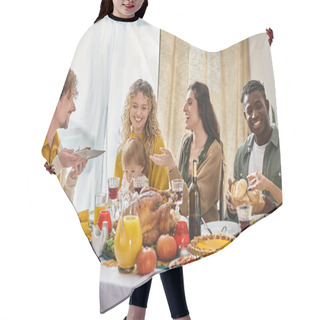 Personality  Happy Multiracial Family And Friends Gathering At Thanksgiving Table With Various Meals And Drinks Hair Cutting Cape