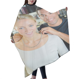 Personality  Man Trying Necklace On Woman Hair Cutting Cape