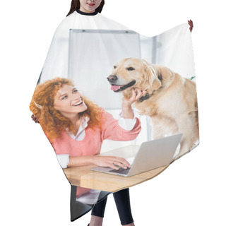 Personality  Attractive Woman Smiling And Stroking Cute Golden Retriever In Office  Hair Cutting Cape
