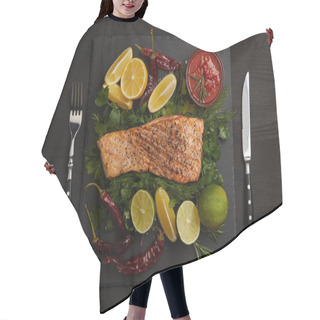 Personality  Top View Of Grilled Salmon Steak, Pieces Of Lime And Lemon, Chili Peppers, Sauce And Cutlery On Black Surface Hair Cutting Cape
