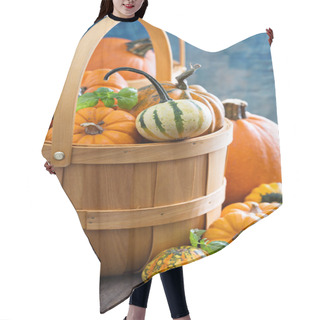 Personality  Variety Of Colorful Decorative Pumpkins In A Basket Hair Cutting Cape