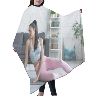 Personality  Pretty, Barefoot Woman Smiling While Sitting On Yoga Mat At Home Hair Cutting Cape
