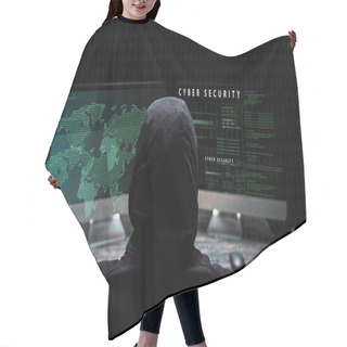 Personality  Back View Of Hooded Hacker Sitting Near Computer Monitors With Cyber Security Lettering On Black  Hair Cutting Cape