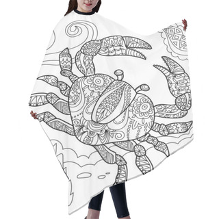 Personality  Large Crab Top View Underwater Surrounded By Sea Shells Colorless Line Drawing. Big Decapod Submerged In Ocean Coloring Book Page. Hair Cutting Cape