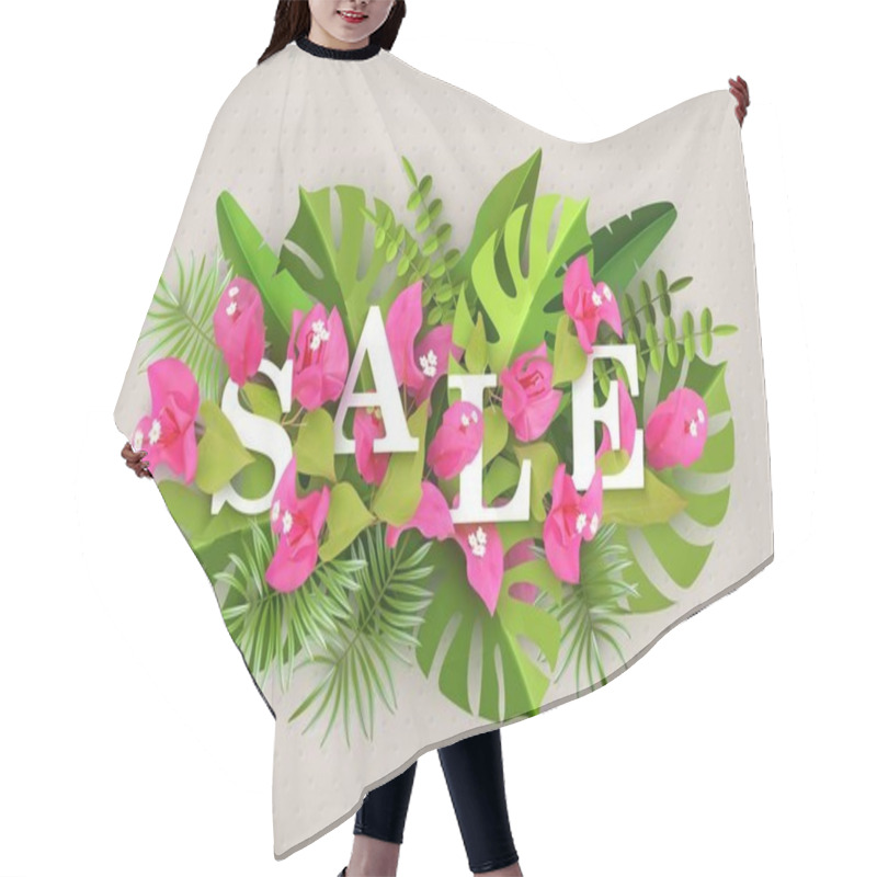 Personality  Summer Sale Design, 3d Colorful Composition With Bougainvillea Flowers Monstera Leaves And Other Tropical Plants And Text, Vector Illustration Hair Cutting Cape