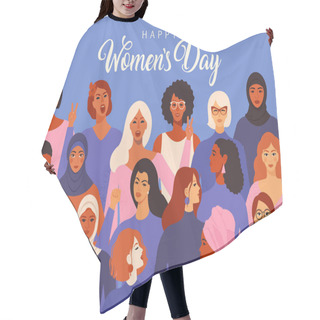 Personality  Female Diverse Faces Of Different Ethnicity Poster. Women Empowerment Movement Pattern. International Women S Day Graphic Vector. Hair Cutting Cape