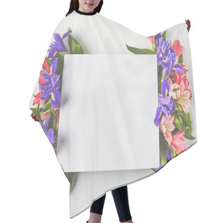 Personality  Top View Of Blank Card And Beautiful Tender Flowers On Grey  Hair Cutting Cape