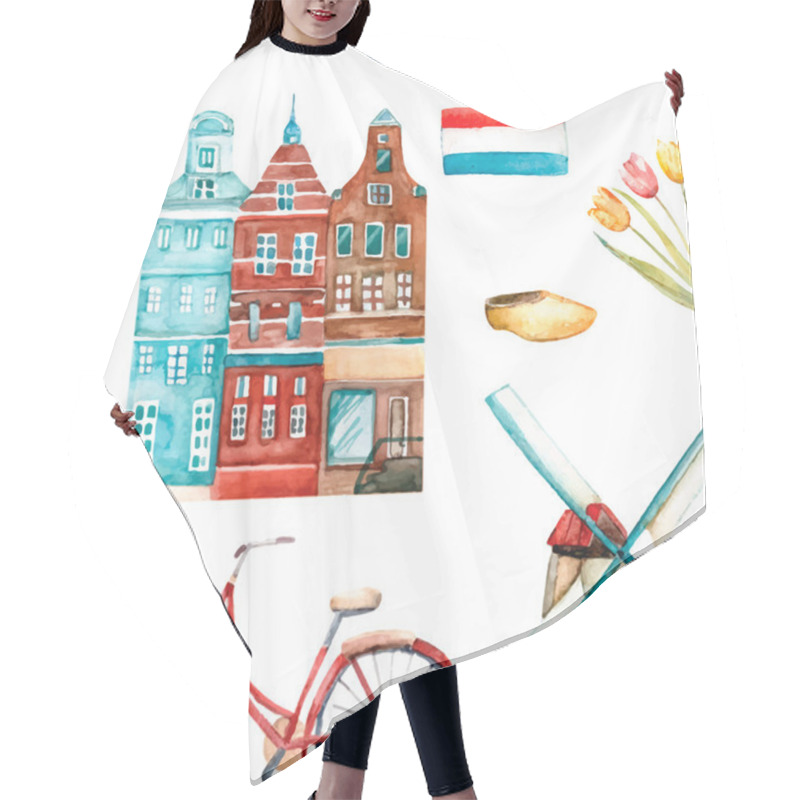 Personality  Watercolor Amsterdam Illustration. Hair Cutting Cape