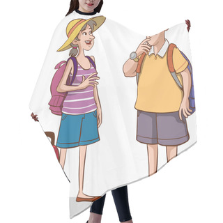 Personality  Illustration Of Happy Tourist Couple Hair Cutting Cape