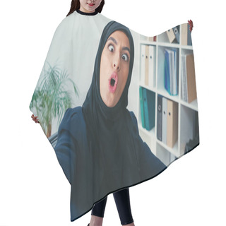 Personality  Young Muslim Businesswoman Grimacing While Taking Selfie  Hair Cutting Cape