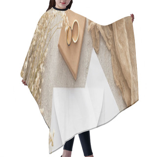 Personality  Panoramic Shot Of White Envelope And Card Near Flowers, Beige Sackcloth And Wedding Rings On Gift Box On Textured Surface Hair Cutting Cape