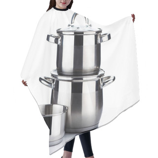 Personality  Close-up View Of Shiny Stainless Steel Pots And Pans On White  Hair Cutting Cape