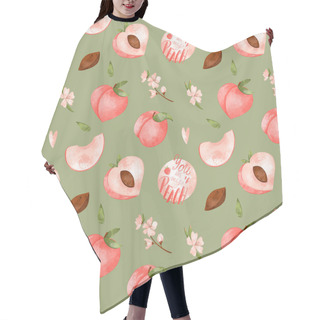 Personality  Digital Art Cute Peach Seamless Pattern On A Green Background. Print For Fabrics, Packaging Paper And Packages, Posters, Cards, Invitations, Clothes, Covers, Web Design. Hair Cutting Cape