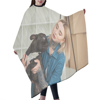 Personality  Beautiful Tattooed Girl Playing With French Bulldog In New Home Hair Cutting Cape