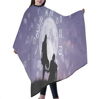 Personality  Astrological Zodiac Signs Inside Of Horoscope Circle. Couple Singing And Dancing Over The Zodiac Wheel And Milky Way Background. The Power Of The Universe Concept. Hair Cutting Cape