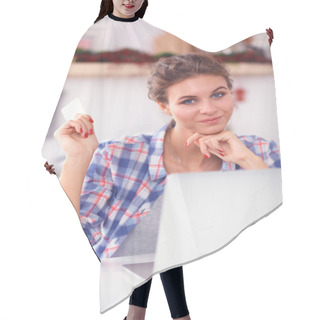 Personality  Smiling Woman Online Shopping Using Computer And Credit Card In Kitchen Hair Cutting Cape