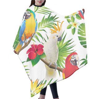 Personality  Seamless Pattern Of Parrots Cockatoo On The Tropical Branches With Leaves And Flowers On Dark. Hand Drawn Vector Hair Cutting Cape