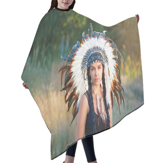 Personality  Young Attractive Woman In Costume Of American Indian Outdoors Hair Cutting Cape