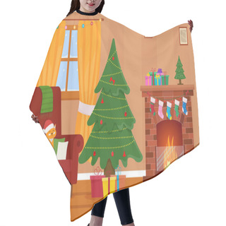 Personality  Christmas Room Interior. Christmas Tree, Gift, Fireplace And Decoration Hair Cutting Cape