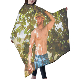 Personality  A Shirtless Man Wearing A Straw Hat Stands Under A Tree, With The Bright Sunlight Filtering Through The Leaves. He Looks Relaxed And Comfortable In The Natural Setting. Hair Cutting Cape