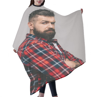 Personality  Suspicious Bearded Man In Checkered Shirt Isolated On Grey Hair Cutting Cape