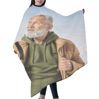Personality  Portrait Of Santa With White Beard Looking Away With Mountains And Trees On Backdrop, Winter Concept Hair Cutting Cape