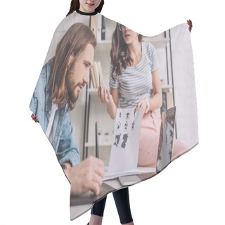 Personality  Selective Focus Of Bearded Animator Working Near Attractive Coworker  Hair Cutting Cape