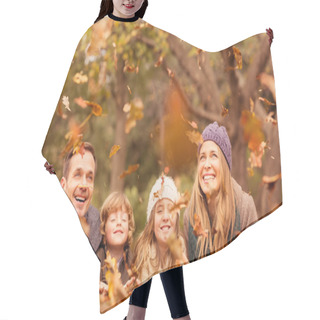 Personality  Smiling Young Family Throwing Leaves Around Hair Cutting Cape
