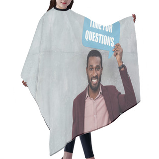 Personality  Smiling African American Casual Businessman Looking At Camera And Holding Speech Bubble With Time For Questions Lettering Hair Cutting Cape