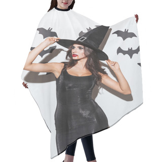 Personality  Beautiful Young Woman In Black Witch Halloween Costume With Hat Hair Cutting Cape