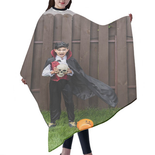 Personality  Asian Boy In Vampire King Costume Holding Skull And Screaming Near Halloween Bucket On Lawn Hair Cutting Cape