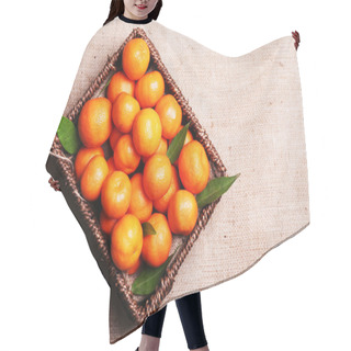 Personality  Fresh Ripe Mandarins In Wooden Box, On Sackcloth Background  Hair Cutting Cape