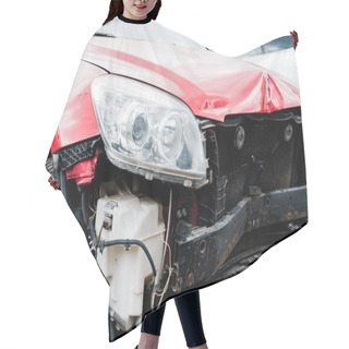 Personality  Selective Focus Of Damaged Red Automobile After Car Accident  Hair Cutting Cape