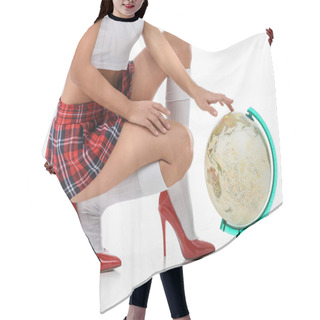 Personality  Cropped Shot Of Sexy Schoolgirl In Red Plaid Skirt With Globe On White Hair Cutting Cape