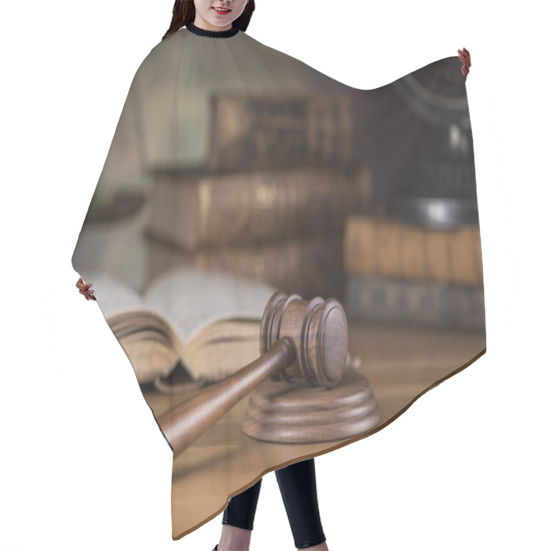 Personality  Law theme, mallet of judge, wooden gavel hair cutting cape