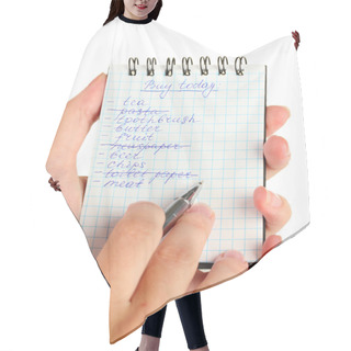 Personality  Woman's Hand Holding A Notebook With A Shopping List Close-up Hair Cutting Cape