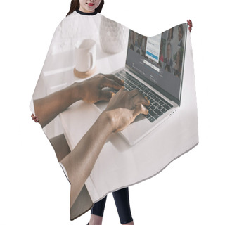 Personality  Cropped View Of African American Woman Typing On Laptop With Linkedin Website Hair Cutting Cape