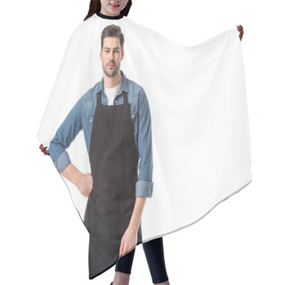 Personality  Portrait Of Young Bearded Waiter In Apron Standing Akimbo Isolated On White Hair Cutting Cape