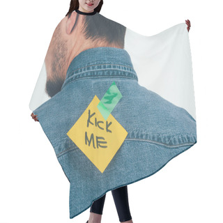 Personality  Back View Of Man With Note On Sticky Tape With Kick Me Lettering On Back, April Fools Day Holiday Concept Hair Cutting Cape