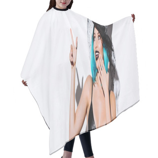 Personality  Panoramic Shot Of Smiling Girl In Black Witch Halloween Costume With Blue Hair Pointing With Finger On White Background Hair Cutting Cape