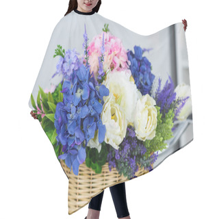 Personality  Close Up View Of Beautiful Springtime Bouquet Of Flowers In Straw Basket Hair Cutting Cape