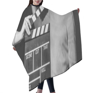 Personality  Panoramic Shot Of Actor With Clapboard In Front, Isolated On Black, Black And White Hair Cutting Cape