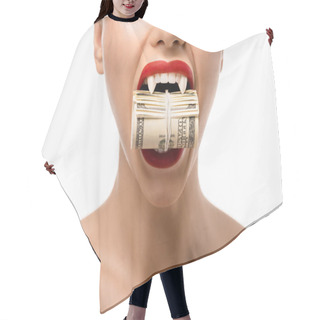 Personality  Cropped Shot Of Naked Girl With Vampire Teeth Holding Rolled Dollars In Mouth Isolated On White Hair Cutting Cape