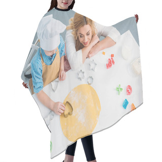 Personality  High Angle View Of Mother And Son Using Cooking Mold On Dough  Hair Cutting Cape