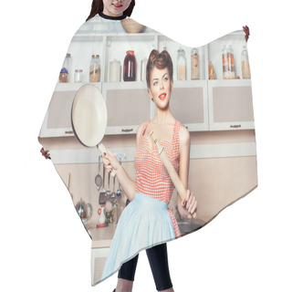 Personality  The Girl In The Hands Of A Rolling Pin Pan. Hair Cutting Cape