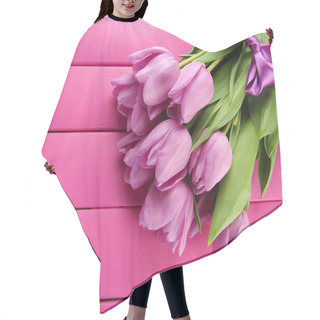 Personality  Beautiful Bouquet Of Purple Tulips On Pink Wooden Background Hair Cutting Cape