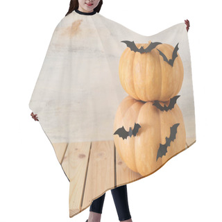 Personality  Holidays Halloween Image. Pumpkins And Bats Over Wooden White Table Hair Cutting Cape