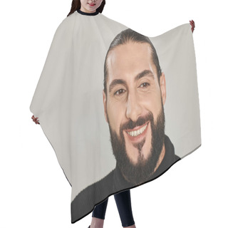 Personality  Portrait Of Happy Good Looking Arabic Man With Beard Posing In Black Turtleneck On Grey Backdrop Hair Cutting Cape