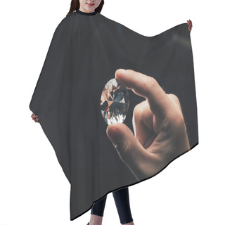 Personality  Partial View Of Man Holding Big Clear Shiny Diamond On Black Background Hair Cutting Cape